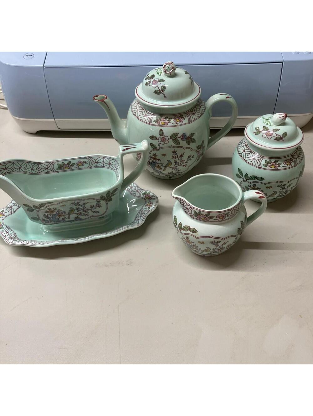 Adams Calyx Ware Singapore Bird Coffee Pot, Sugar Bowl, Creamer, Gravy Boat Set